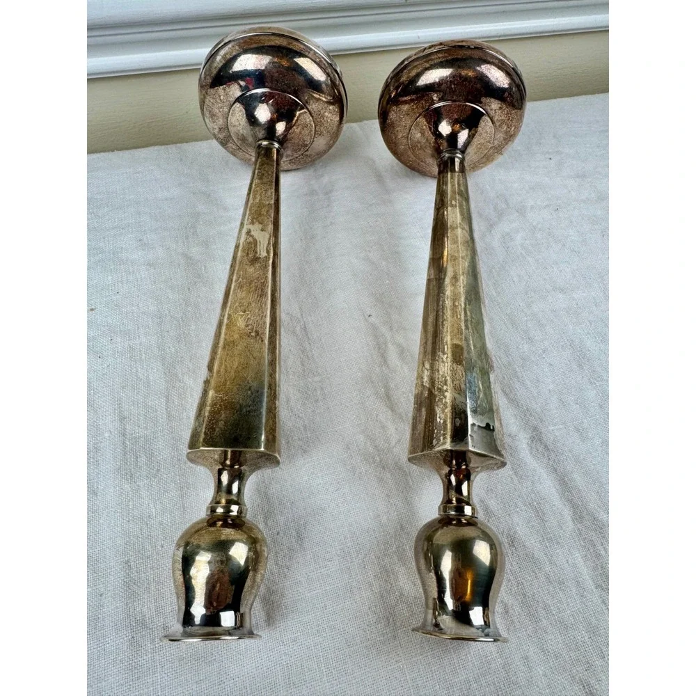 Vintage Sterling Silver Weighted Candlesticks Pair Art Deco Taper 9.5